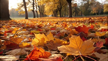 Poster - A close-up view of fallen autumn leaves, showcasing vibrant hues of yellow, orange, and red, creating a tapestry of nature's beauty.