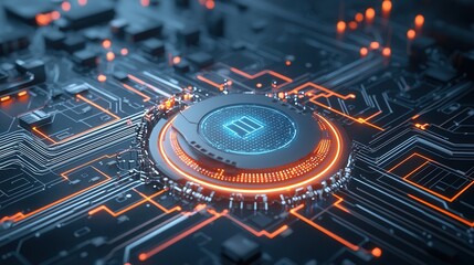 Fototapete - Captivating visualization of cybernetic encryption technology featuring a futuristic landscape of luminous digital circuits intricate hexagon grid patterns