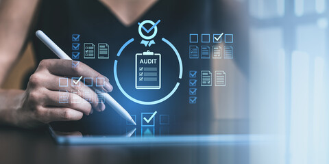 Poster - Digital audit concept with checklist icons on virtual screen.
