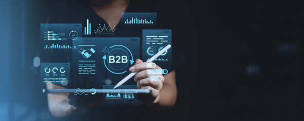 Poster - b2b digital marketing strategy with futuristic virtual analytics interface.