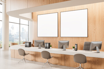 Poster - Modern office interior with blank poster mockup on wooden wall. 3D Rendering