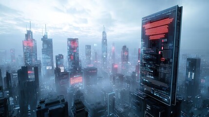Poster - city skyline at midnight with an endless sea of towering skyscrapers and neon lit a futuristic dramatic and moody atmosphere  The dense urban landscape is shrouded in fog and mist