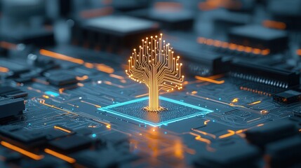 Poster - Cybernetic Tree of Intelligent AI Powered Digital Technology  Abstract futuristic of a glowing circuit board like structure in the shape of a tree