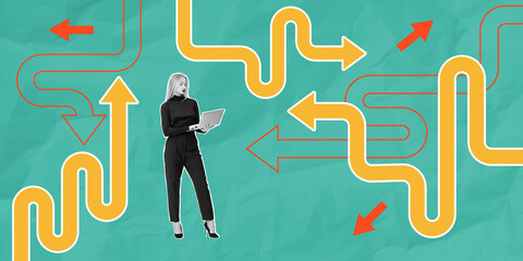 Poster - Woman with laptop and decision paths.