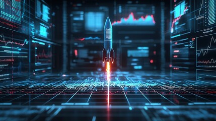 Poster - Futuristic cyberpunk inspired depicting a successful startup launch with a rocket taking off amidst a digital high tech environment  The image symbolizes innovation progress