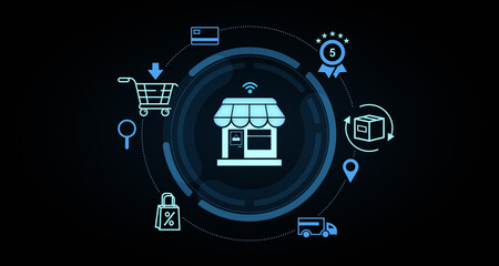 Poster - E-commerce concept with digital shopping icons in futuristic 3D rendering. 3D Rendering