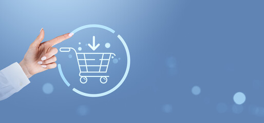 Poster - online shopping concept with holographic cart icon on blue background.