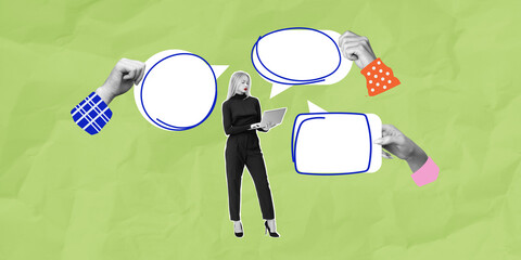 Poster - Woman with laptop and speech bubbles on green background.