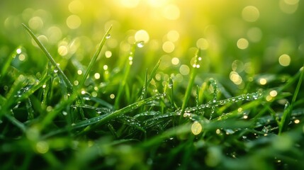 Poster - Fresh droplets rest on lush grass blades, catching the warm morning light. A peaceful garden setting creates a serene atmosphere, inviting quiet contemplation and joy