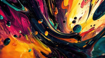 Poster - vibrant abstract swirl of colors with floating spheres, creating a dynamic visual experience