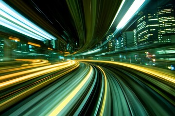 Poster - Vibrant Motion Blur of Train Tracks Through City at Night