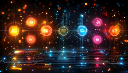 Poster - Vibrant digital network showcasing interconnected glowing icons on a futuristic circuit board backdrop