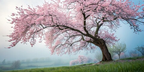 Aufkleber - A solitary cherry blossom tree with delicate pink blooms stands proudly against a misty backdrop, creating a serene and picturesque scene.