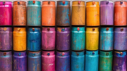 Poster - vibrant stacked barrels in various colors creating an artistic backdrop in an urban setting