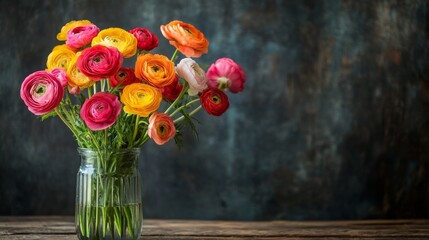 Poster - A stunning arrangement of colorful ranunculus blooms fills a glass vase on a weathered wooden table, creating a cheerful ambiance in a cozy setting