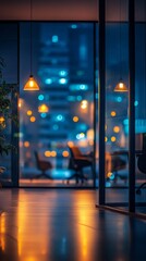 Poster - Soft amber lights hang from the ceiling, illuminating a stylish office space. Outside the glass walls, the city sparkles with vibrant blue and orange hues, creating a tranquil evening vibe