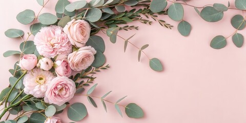 Poster - Delicate Pink Roses and Eucalyptus Leaves Form a Romantic Corner on a Soft Pink Background