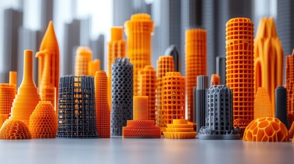 Poster - Vibrant 3D-Printed Cityscape Model Featuring Orange and Gray Structures Against a Blurred Background