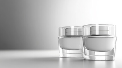 Poster - two elegant glass jars positioned on a smooth surface with a gradient background, ideal for product 