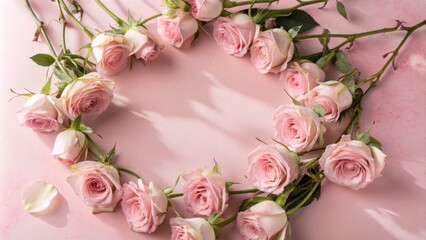 Aufkleber - A delicate arrangement of pink roses forming a circular frame on a soft pink backdrop