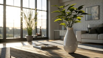 Poster - Sunlight streams through a large window onto a wooden coffee table, illuminating a vase with green plant leaves and casting long shadows
