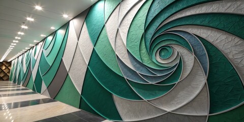 Poster - A modern interior hallway with a captivating green and grey textured wall, featuring an intricate spiraled design that creates a mesmerizing visual effect.