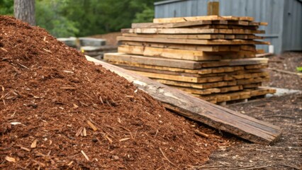 Poster - A pile of wood chips and a weathered plank resting beside a stack of lumber awaiting their next purpose