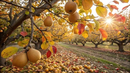 Poster - Golden Pears Hanging From a Branch in an Orchard with Autumn Leaves and Sunlight Shining Through the Trees