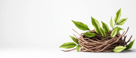 Aufkleber - 3D Clay Bird Nest with Twigs and Green Leaves on a White Background