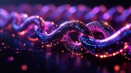 Fototapete - Vibrant, glowing chain links intertwined in a dark space with shimmering particles surrounding them
