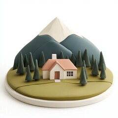 Aufkleber - Charming 3D Clay Mountain Cabin in a Serene Forest Setting