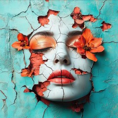 Poster - Surreal Artistic Portrait with Cracked Surface and Floral Elements