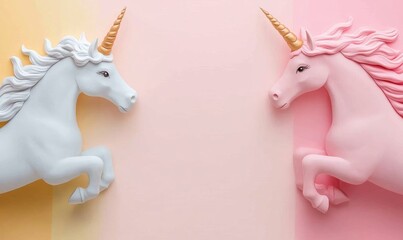 Poster - Colorful Clay Unicorns Galloping Through a Soft Rain Background