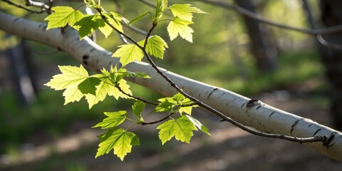 Aufkleber - A delicate branch with vibrant green leaves reaching towards the sun, showcasing the beauty of new growth and nature's resilience.