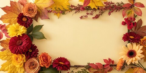 Poster - A Frame of Autumnal Delights Vibrant Red, Orange, and Yellow Blooms Embellished with Lush Green Foliage and Rustic Brown Twigs, Creating a Natural and Festive Border