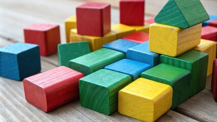 Poster - A colorful assortment of wooden building blocks arranged in a haphazard yet intriguing configuration, hinting at a playful and imaginative spirit.