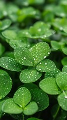 Poster - Lush clover leaves glisten with droplets of rain, showcasing nature's beauty in a tranquil garden. The vibrant green hues create a serene atmosphere, inviting peace and reflection