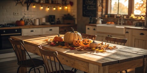 Poster - A rustic wooden table set for a cozy autumn gathering, adorned with carved pumpkins and scattered autumn leaves.