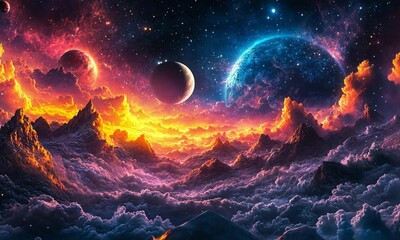 Wall Mural - Dramatic space scene with a colorful nebula and floating celestial bodies, emphasizing the vastness of the universe and cosmic wonders.