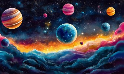 Wall Mural - Stunning outer space scene with colorful planets, nebula, and glowing stars in a cosmic expanse.