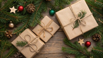 Poster - Rustic Christmas Gifts Wrapped in Brown Paper with Pine Branches and Ornaments