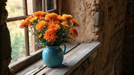 Fototapete - A vibrant bouquet of orange flowers arranged in a blue ceramic vase, resting on a rustic wooden windowsill against a backdrop of rough textured stone.