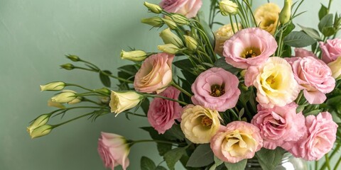 Aufkleber - A Delicate Bouquet of Pink and Yellow Flowers with Green Stems and Buds against a Soft Green Background