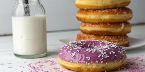 Poster - A single purple frosted donut with white sprinkles, sitting next to a glass of milk and a stack of plain donuts, with pink sprinkles scattered around.
