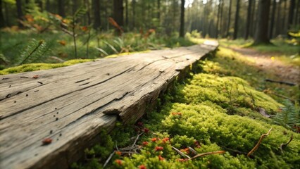 Poster - A weathered wooden path disappearing into the depths of a lush, green forest, sunlight dappling through the canopy, creating a serene and enchanting atmosphere.