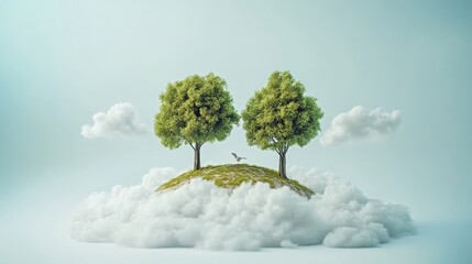 Poster - two lush green trees on a small island of clouds, with a bird flying in a serene sky
