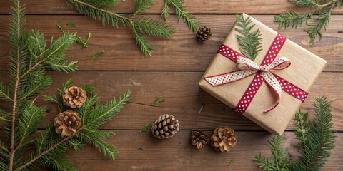 Poster - A rustic brown wooden background adorned with evergreen branches and pine cones, featuring a wrapped gift tied with a red and white polka dot ribbon.