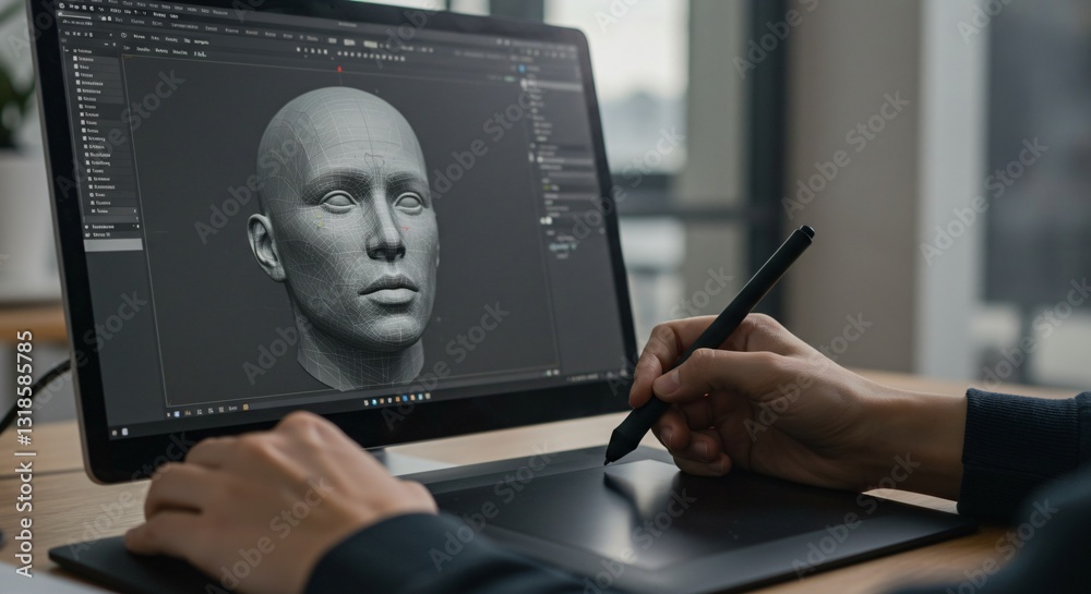 Man creates 3d model of human head on laptop with graphics tablet for ...