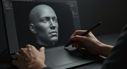 Poster - Modern artist creating 3d model of human head with graphic tablet, contemporary design, new technology, art, sculptor, digital sculpting, 3d concept for advertising agency.