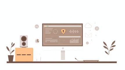 Poster - a modern workplace that represents security and data protection, featuring a computer, sound system, and minimalist decor